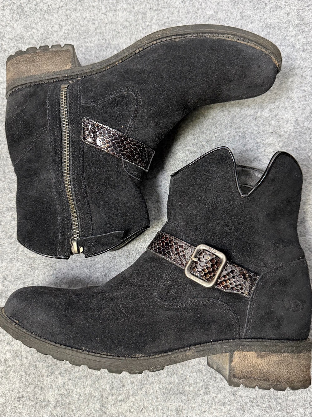 UGG Milner Black Suede Ankle Boots with Snakeskin Buckle Strap - Stylish size 9